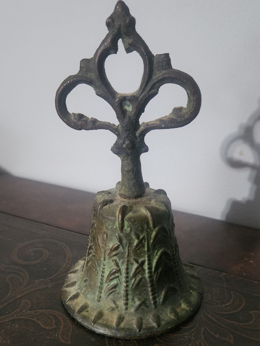 Antique-Style Decorative Brass Hand Bell in Patinated Green